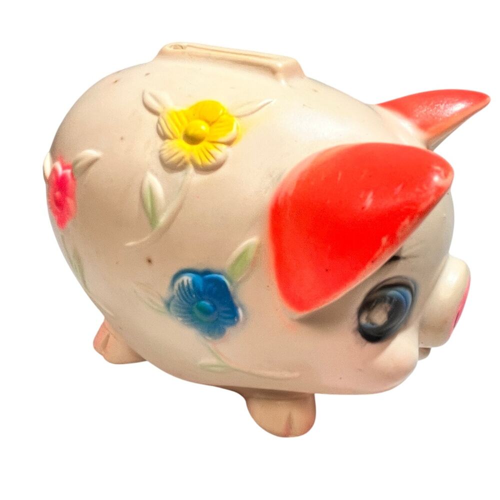 Sanitoy Piggy Bank Raised Colored Flowers w/ Stopper Plastic Vintage